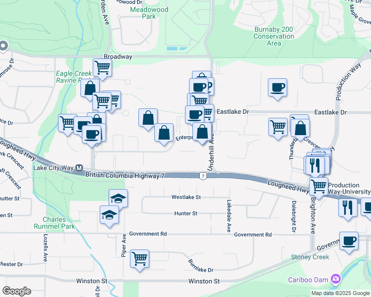 map of restaurants, bars, coffee shops, grocery stores, and more near 8040 Enterprise Street in Burnaby
