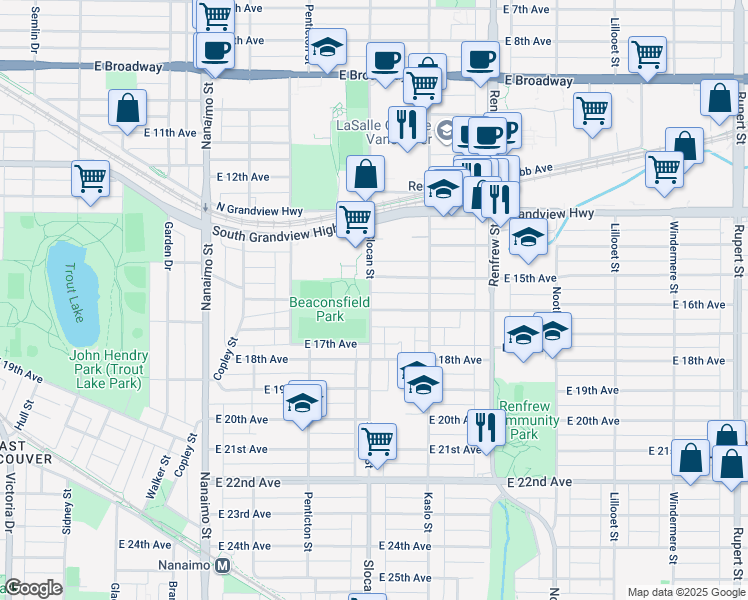 map of restaurants, bars, coffee shops, grocery stores, and more near 2705 East 16th Avenue in Vancouver