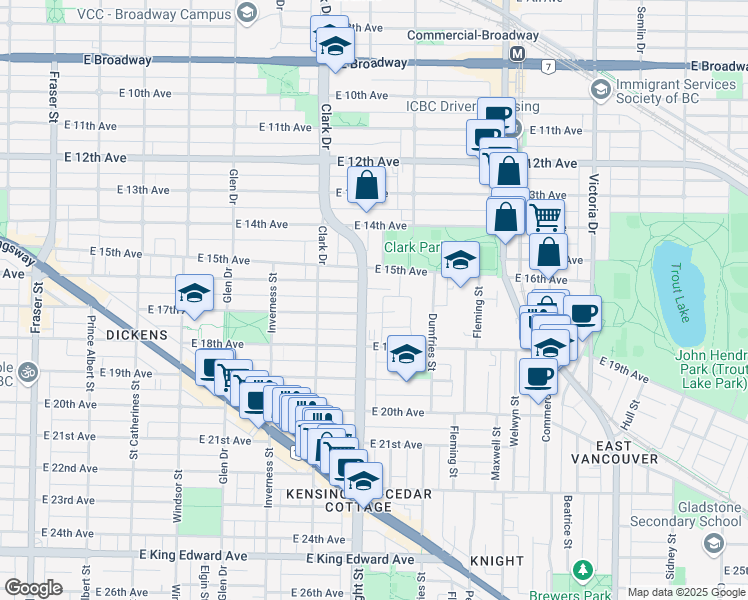 map of restaurants, bars, coffee shops, grocery stores, and more near in Vancouver
