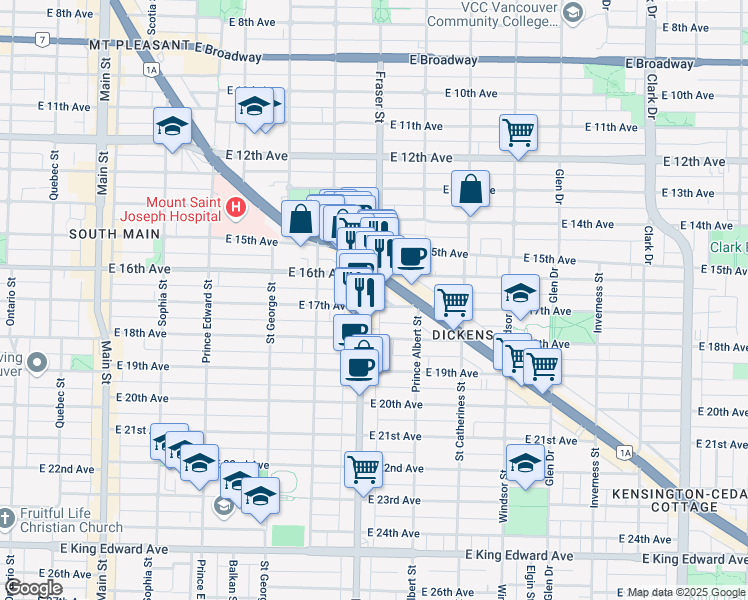 map of restaurants, bars, coffee shops, grocery stores, and more near in Vancouver