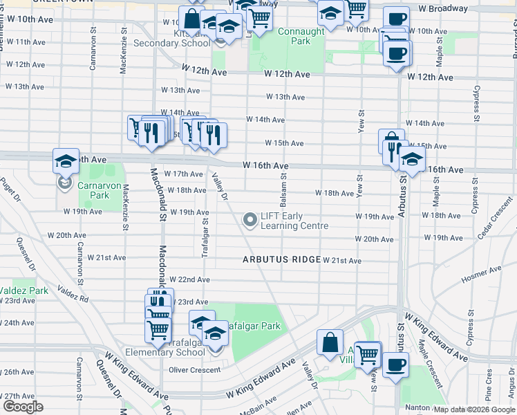 map of restaurants, bars, coffee shops, grocery stores, and more near 2445 West 19th Avenue in Vancouver