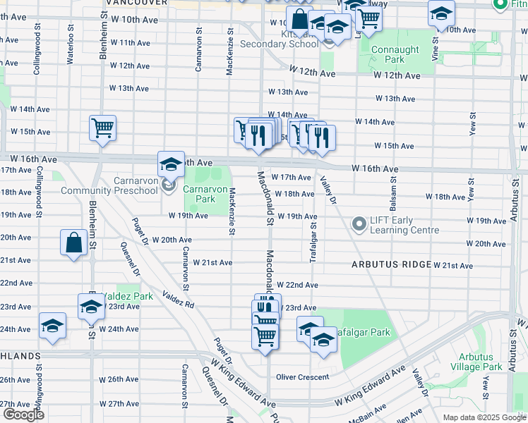 map of restaurants, bars, coffee shops, grocery stores, and more near 2815 West 19th Avenue in Vancouver