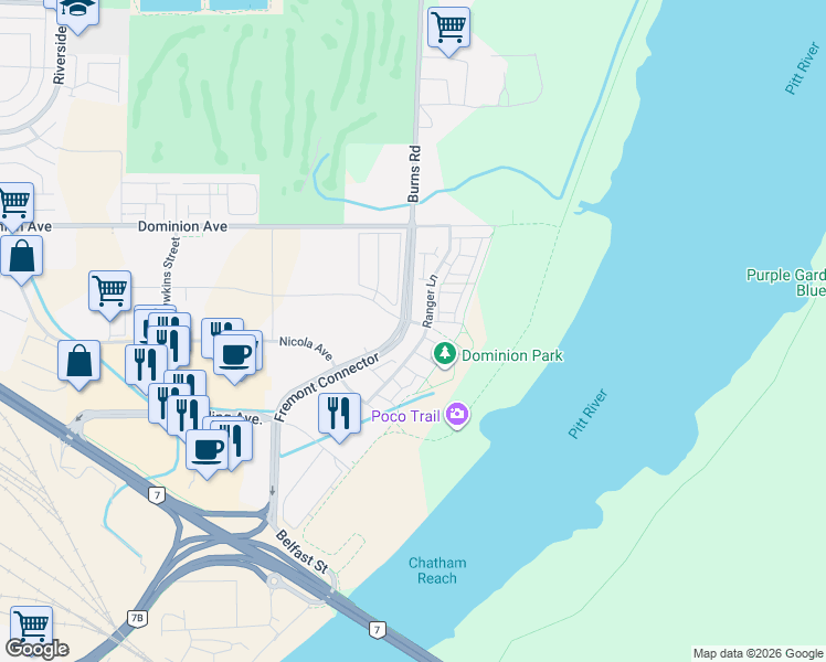 map of restaurants, bars, coffee shops, grocery stores, and more near 550 Seaborne Place in Port Coquitlam