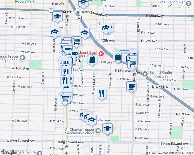 map of restaurants, bars, coffee shops, grocery stores, and more near 417 East 17th Avenue in Vancouver