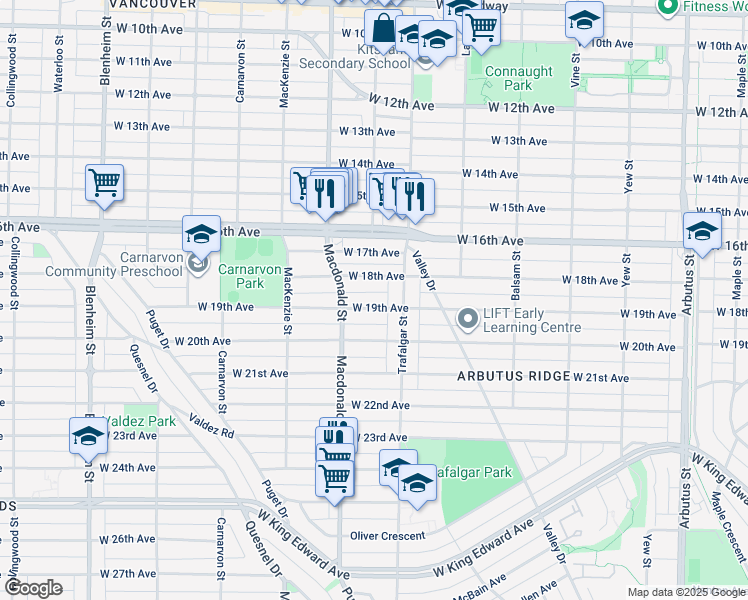 map of restaurants, bars, coffee shops, grocery stores, and more near 2745 West 19th Avenue in Vancouver