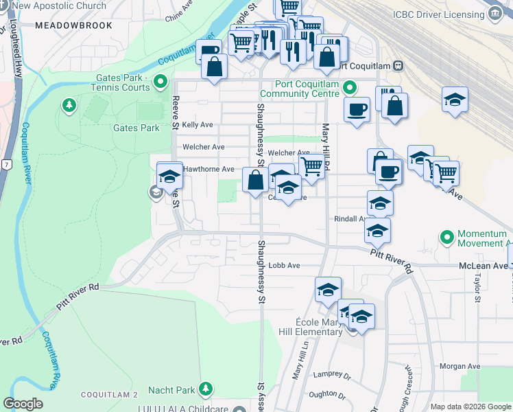 map of restaurants, bars, coffee shops, grocery stores, and more near 2191 Shaughnessy Street in Port Coquitlam