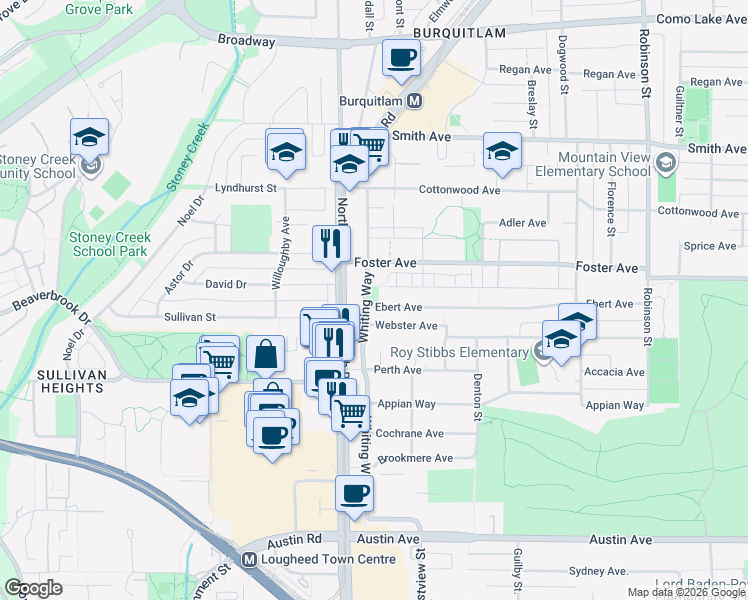 map of restaurants, bars, coffee shops, grocery stores, and more near 515 Ebert Avenue in Coquitlam