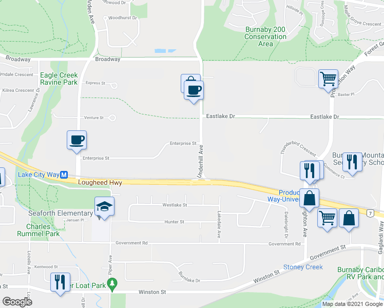 map of restaurants, bars, coffee shops, grocery stores, and more near 3159 Underhill Avenue in Burnaby
