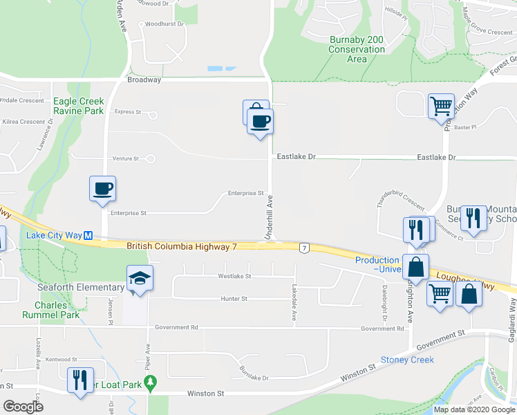 map of restaurants, bars, coffee shops, grocery stores, and more near 3159 Underhill Avenue in Burnaby