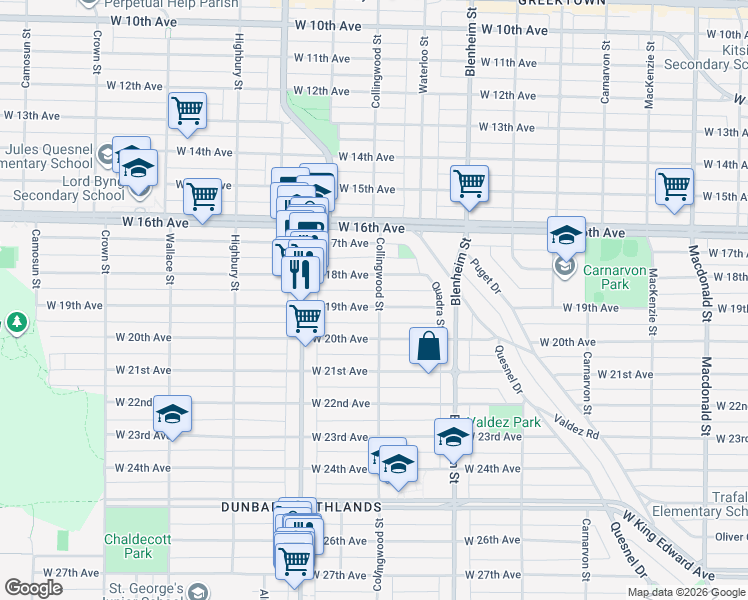 map of restaurants, bars, coffee shops, grocery stores, and more near 3483 Collingwood Street in Vancouver
