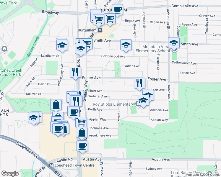 map of restaurants, bars, coffee shops, grocery stores, and more near 549 Ebert Avenue in Coquitlam