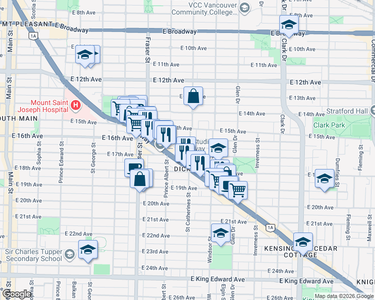 map of restaurants, bars, coffee shops, grocery stores, and more near 3229 Saint Catherines Street in Vancouver