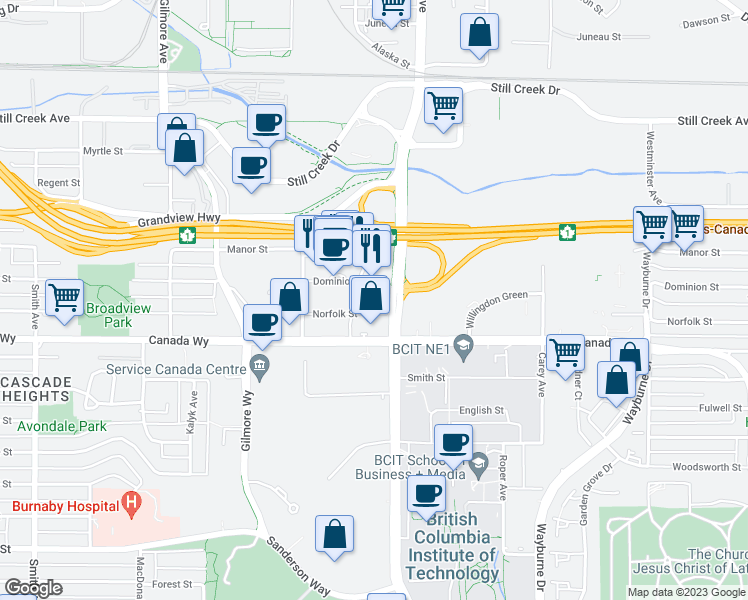 map of restaurants, bars, coffee shops, grocery stores, and more near 115-4445 Norfolk Street in Burnaby