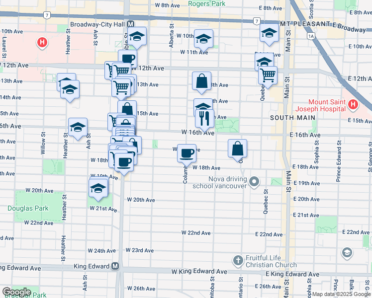 map of restaurants, bars, coffee shops, grocery stores, and more near 201 West 17th Avenue in Vancouver