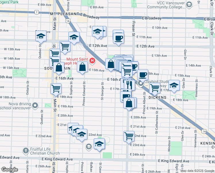 map of restaurants, bars, coffee shops, grocery stores, and more near 531 East 17th Avenue in Vancouver