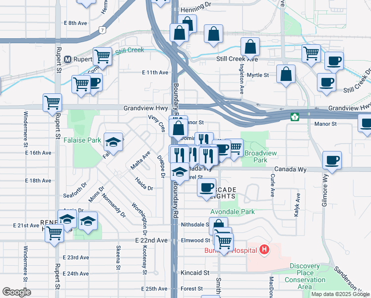 map of restaurants, bars, coffee shops, grocery stores, and more near 3733 Norfolk Street in Burnaby