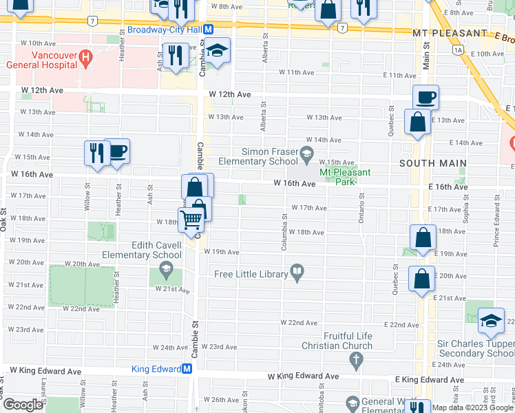 map of restaurants, bars, coffee shops, grocery stores, and more near 318 West 17th Avenue in Vancouver