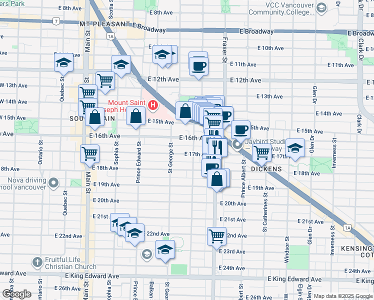map of restaurants, bars, coffee shops, grocery stores, and more near 575 East 17th Avenue in Vancouver