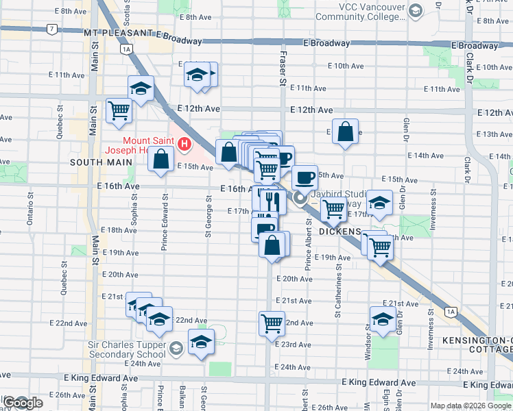 map of restaurants, bars, coffee shops, grocery stores, and more near 651 East 17th Avenue in Vancouver