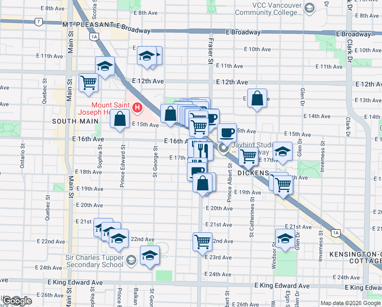 map of restaurants, bars, coffee shops, grocery stores, and more near in Vancouver