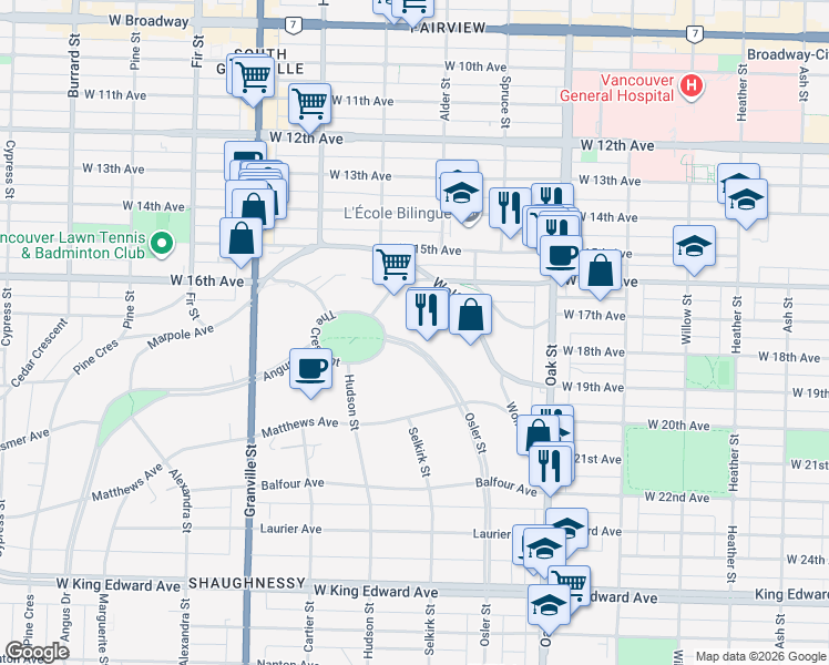 map of restaurants, bars, coffee shops, grocery stores, and more near in Vancouver
