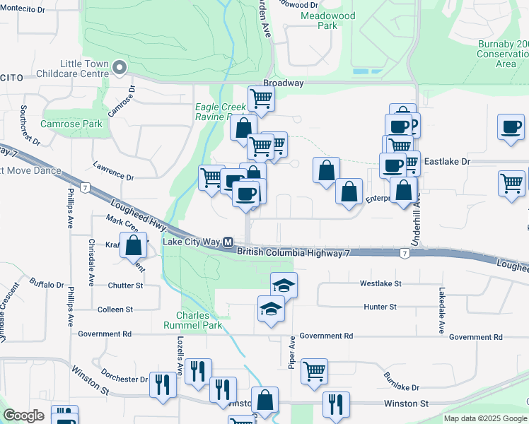 map of restaurants, bars, coffee shops, grocery stores, and more near 7825 Enterprise Street in Burnaby