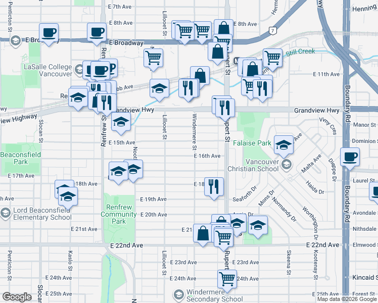 map of restaurants, bars, coffee shops, grocery stores, and more near in Vancouver