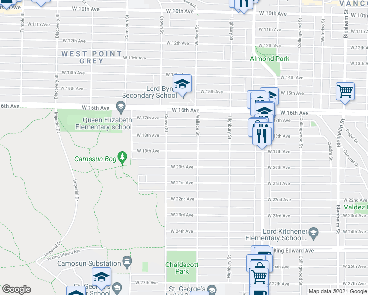 map of restaurants, bars, coffee shops, grocery stores, and more near 3941 West 19th Avenue in Vancouver