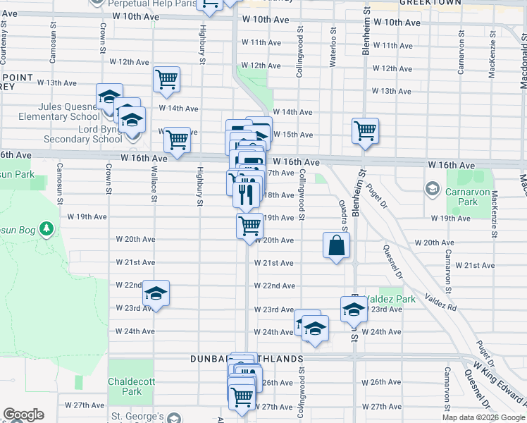 map of restaurants, bars, coffee shops, grocery stores, and more near 3581 West 19th Avenue in Vancouver
