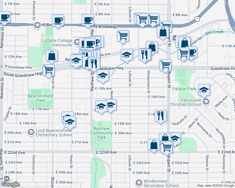 map of restaurants, bars, coffee shops, grocery stores, and more near 3031 East 16th Avenue in Vancouver