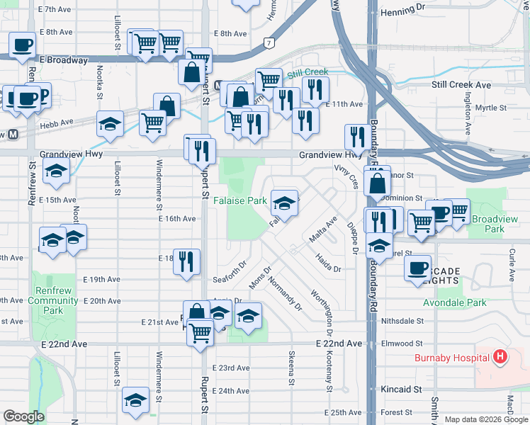 map of restaurants, bars, coffee shops, grocery stores, and more near 3287 Matapan Crescent in Vancouver