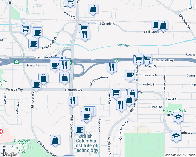 map of restaurants, bars, coffee shops, grocery stores, and more near Willingdon Green in Burnaby
