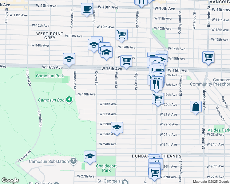 map of restaurants, bars, coffee shops, grocery stores, and more near 3905 West 19th Avenue in Vancouver