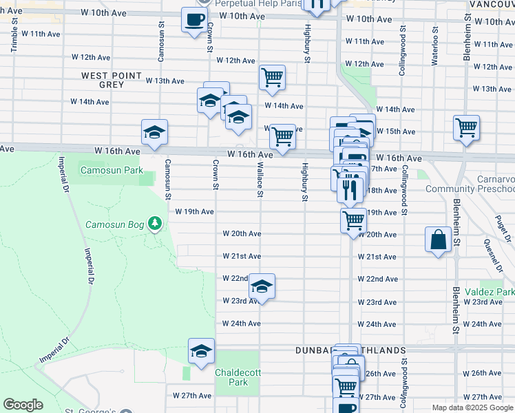 map of restaurants, bars, coffee shops, grocery stores, and more near 3905 West 19th Avenue in Vancouver