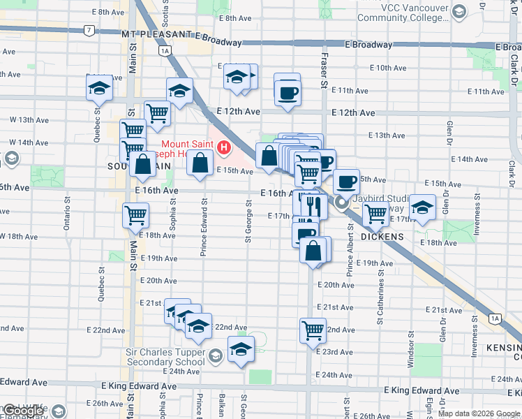 map of restaurants, bars, coffee shops, grocery stores, and more near 529 East 17th Avenue in Vancouver