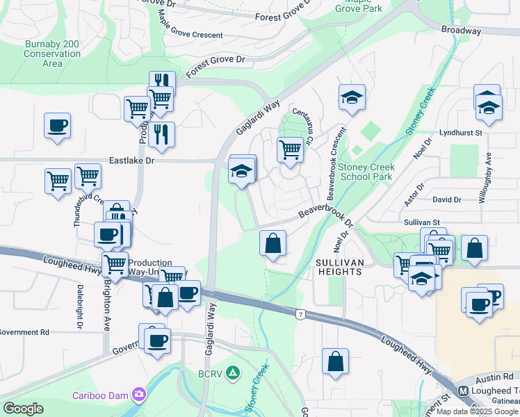 map of restaurants, bars, coffee shops, grocery stores, and more near 3029 Carina Place in Burnaby