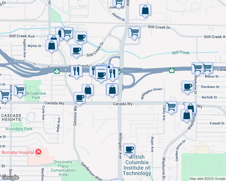 map of restaurants, bars, coffee shops, grocery stores, and more near 4400 Dominion Street in Burnaby
