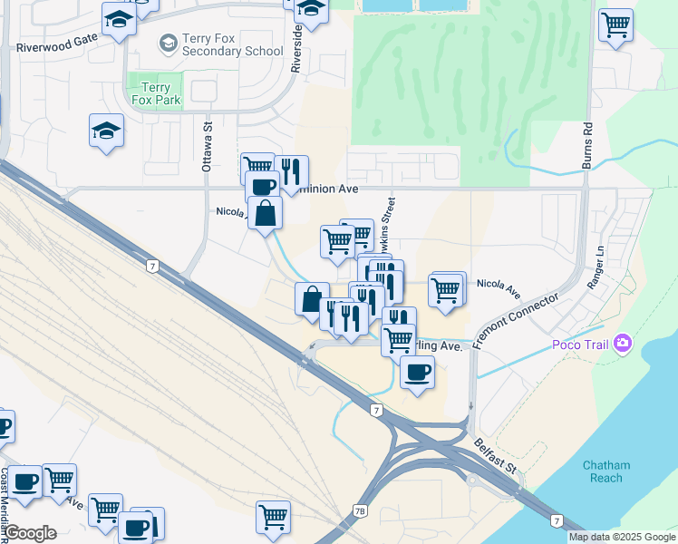 map of restaurants, bars, coffee shops, grocery stores, and more near 985 Nicola Avenue in Port Coquitlam