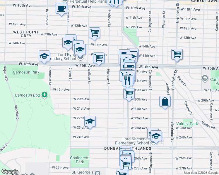 map of restaurants, bars, coffee shops, grocery stores, and more near 3488 Highbury Street in Vancouver