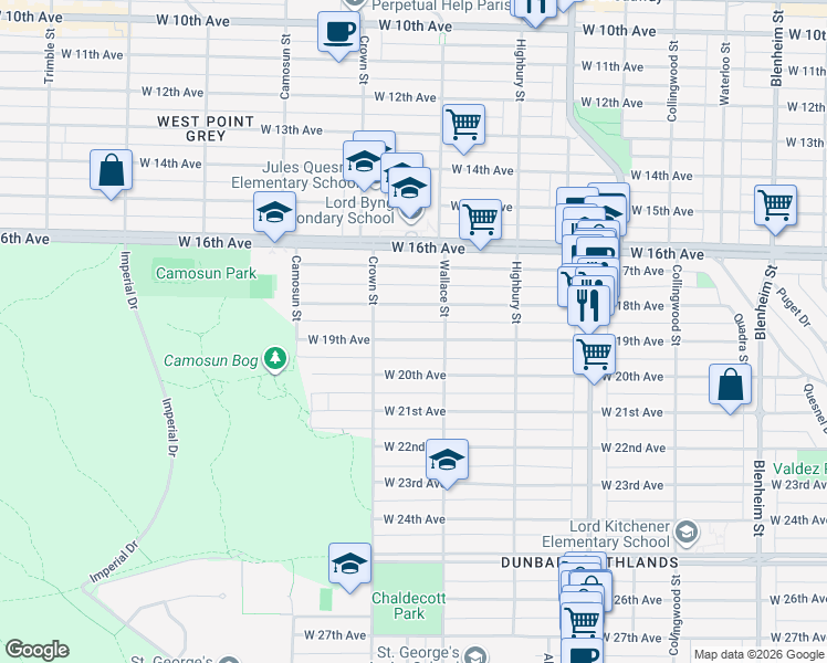 map of restaurants, bars, coffee shops, grocery stores, and more near 3941 West 19th Avenue in Vancouver