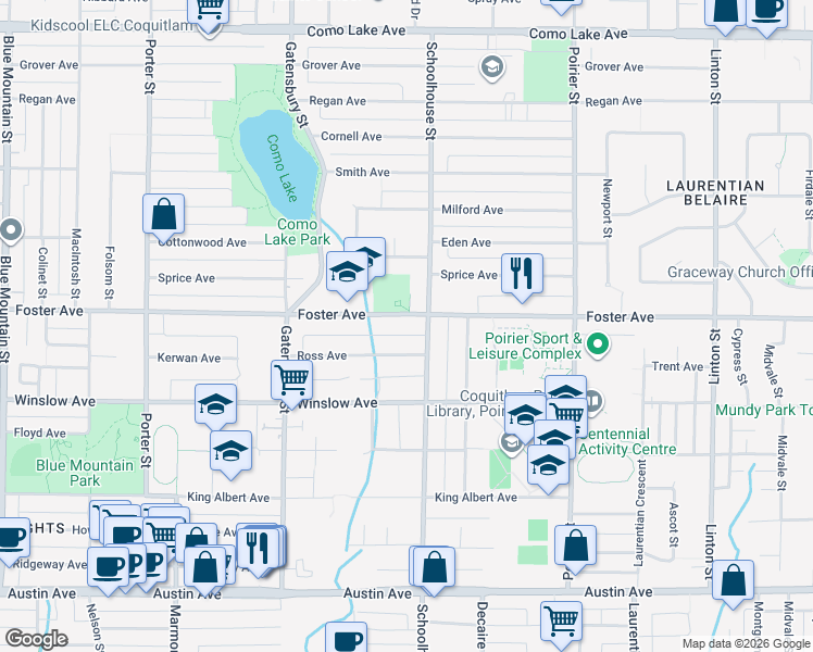 map of restaurants, bars, coffee shops, grocery stores, and more near 1422 Foster Avenue in Coquitlam