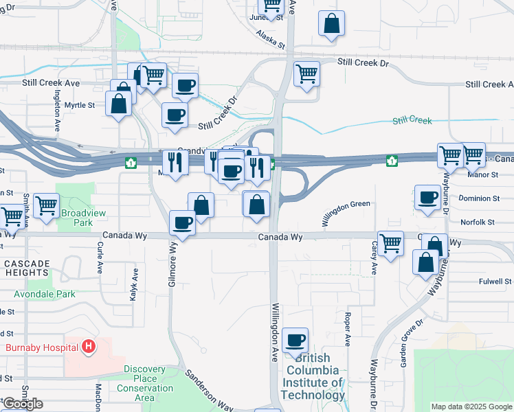map of restaurants, bars, coffee shops, grocery stores, and more near 4406 Norfolk Street in Burnaby