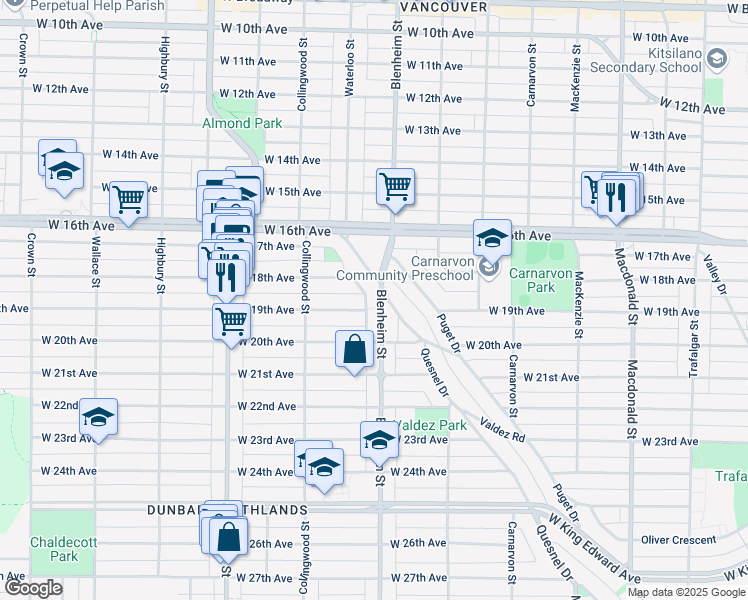 map of restaurants, bars, coffee shops, grocery stores, and more near 3461 Blenheim Street in Vancouver