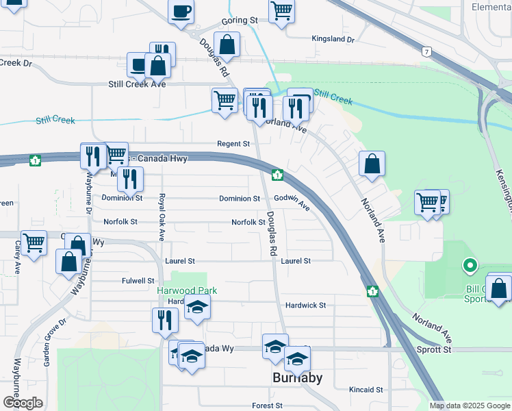 map of restaurants, bars, coffee shops, grocery stores, and more near 5512 Dominion Street in Burnaby