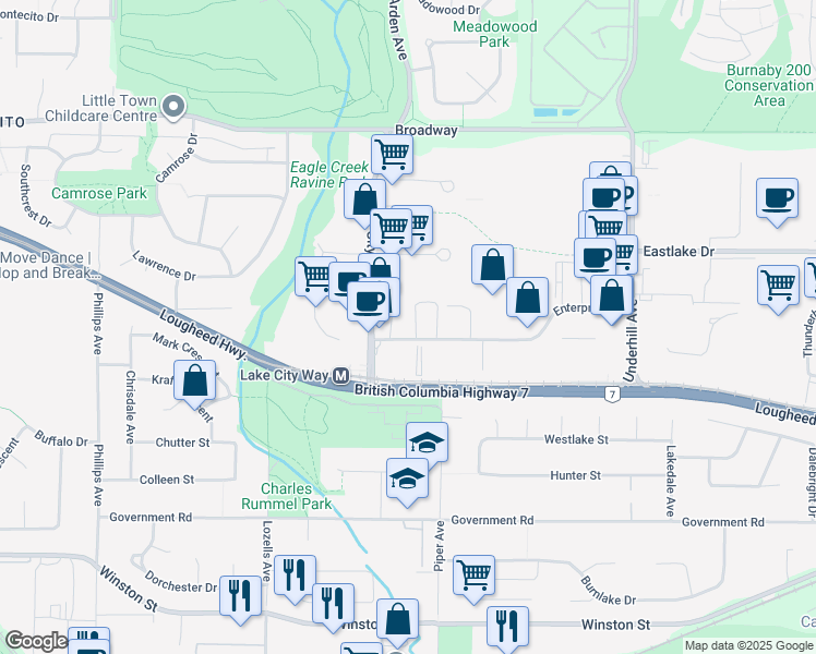 map of restaurants, bars, coffee shops, grocery stores, and more near 7825 Enterprise Street in Burnaby