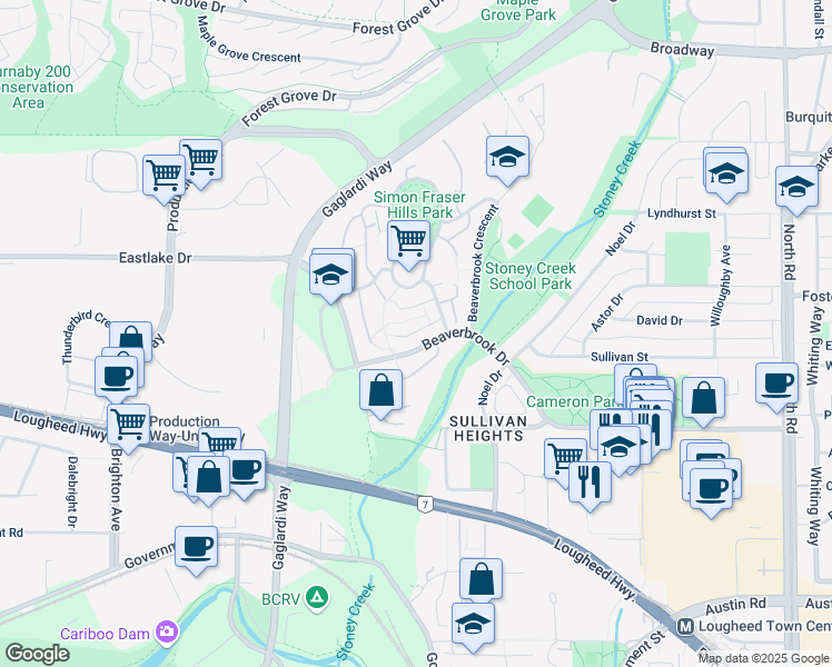 map of restaurants, bars, coffee shops, grocery stores, and more near 9016 Altair Place in Burnaby