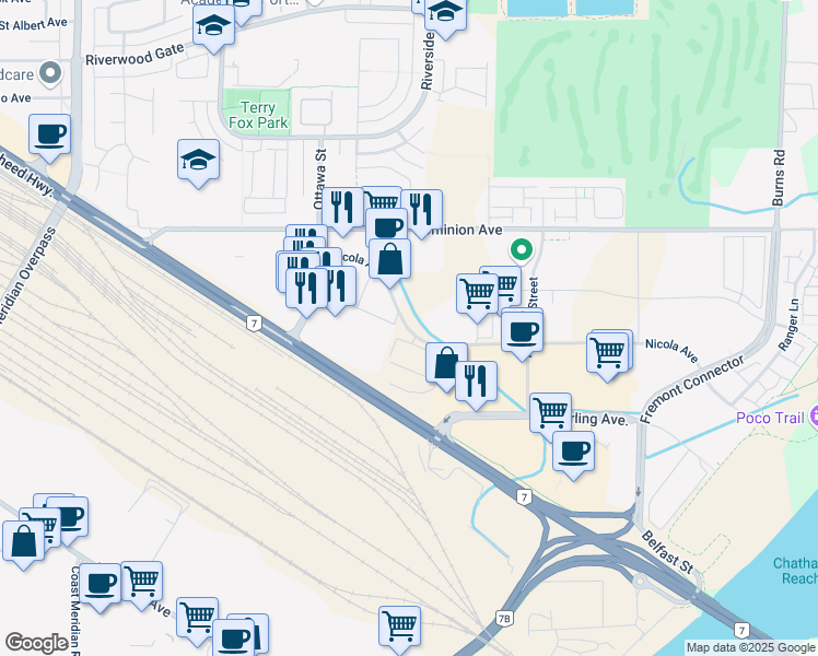 map of restaurants, bars, coffee shops, grocery stores, and more near 1120 Nicola Avenue in Port Coquitlam