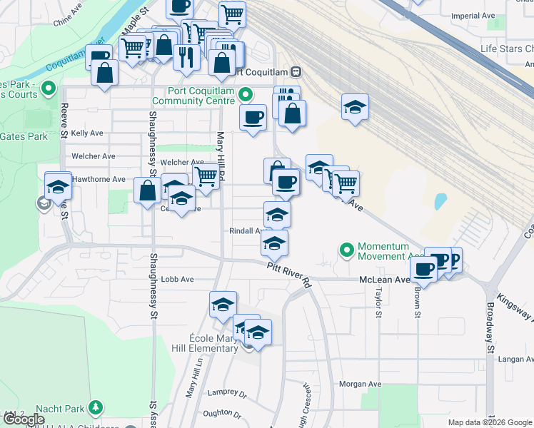 map of restaurants, bars, coffee shops, grocery stores, and more near 2120 Central Avenue in Port Coquitlam