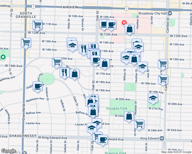 map of restaurants, bars, coffee shops, grocery stores, and more near 3300 Oak Street in Vancouver