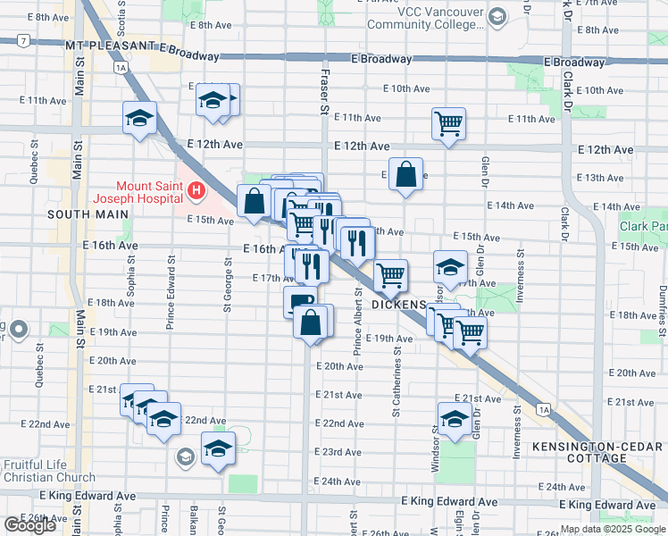 map of restaurants, bars, coffee shops, grocery stores, and more near 760 Kingsway in Vancouver
